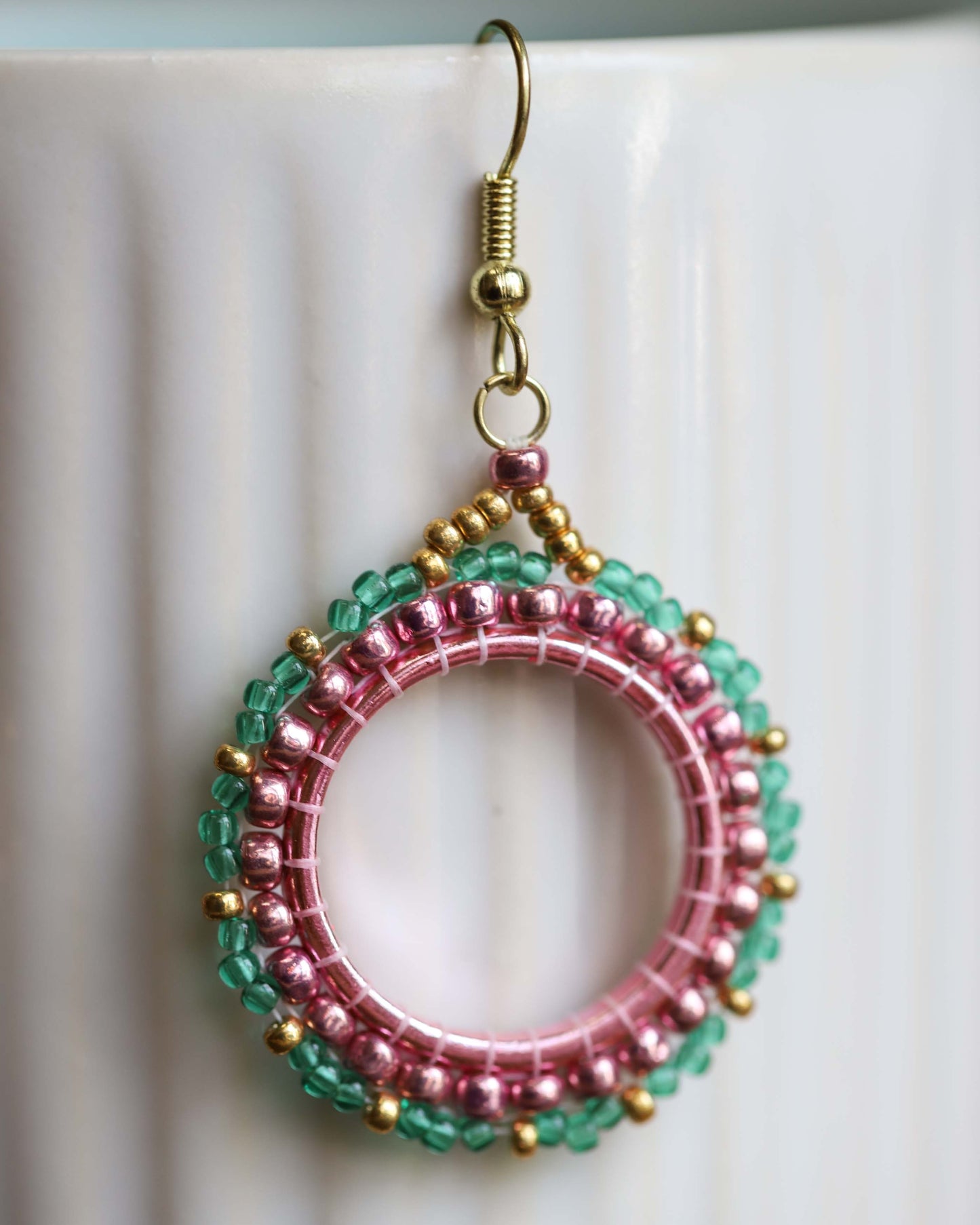 Pink & Green Beaded Circle Earrings