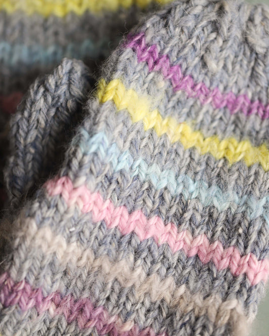 Grey Mitts with Multi Coloured Stripes