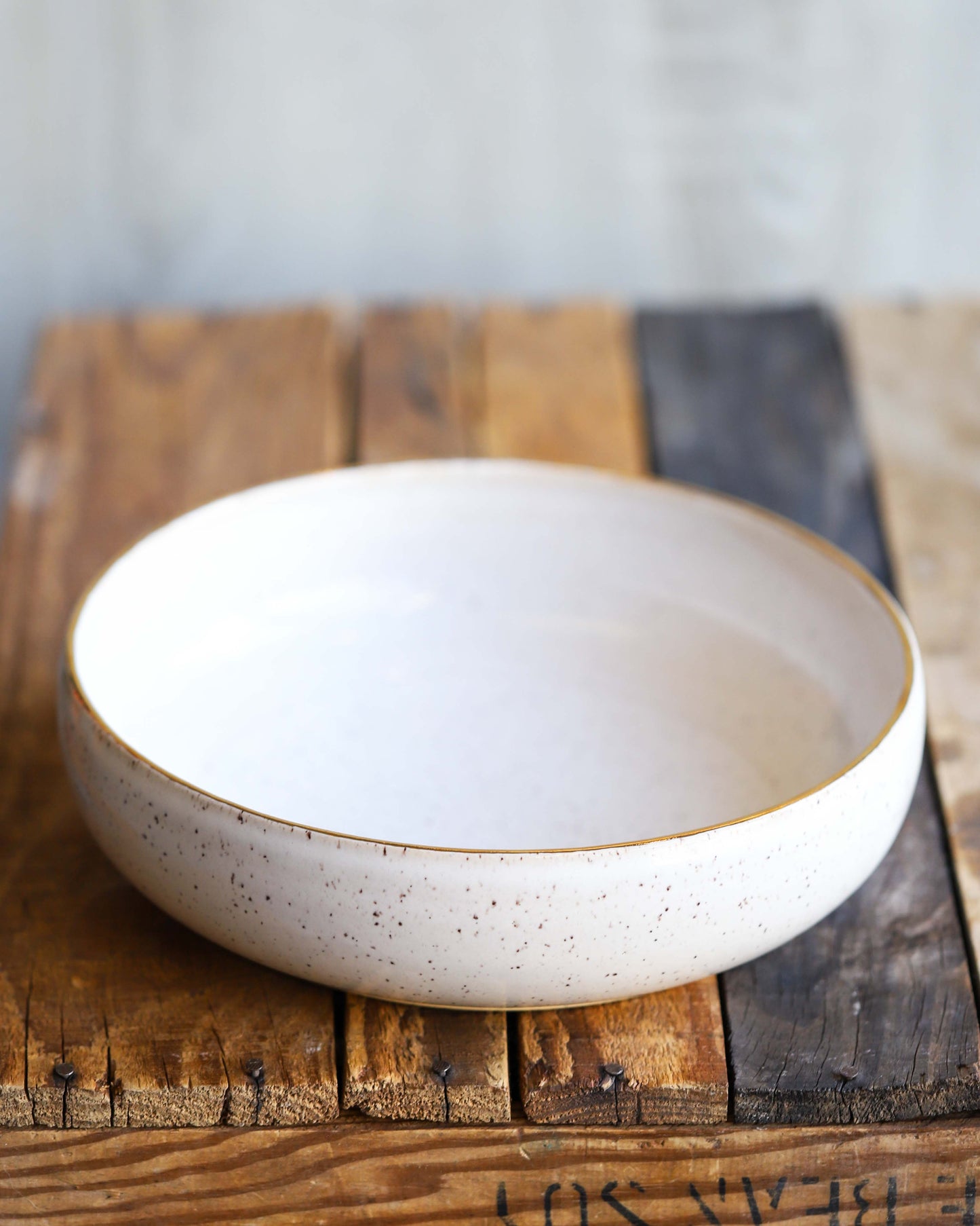 Bowl - Large, Speckled White, Gold Rim