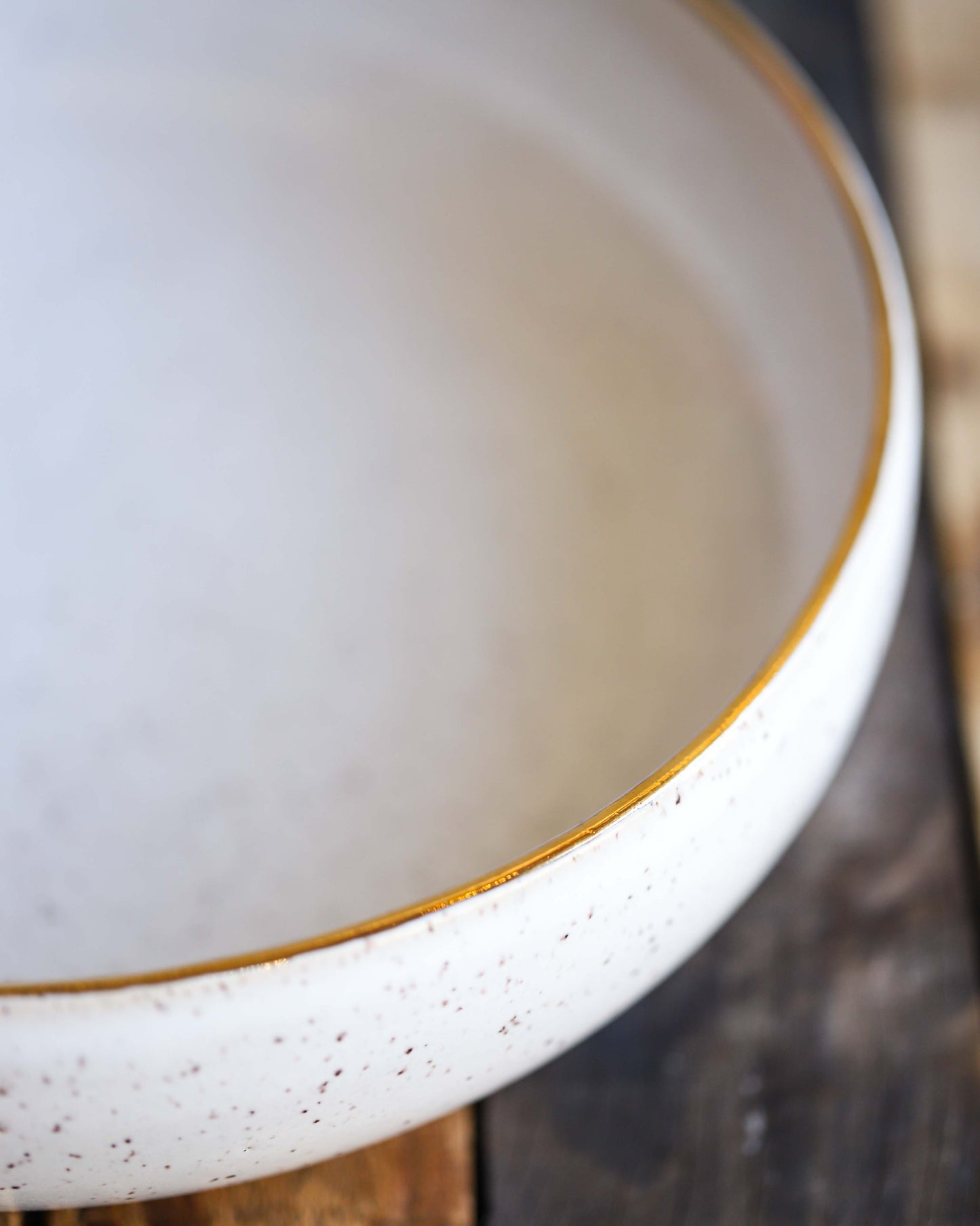 Bowl - Large, Speckled White, Gold Rim