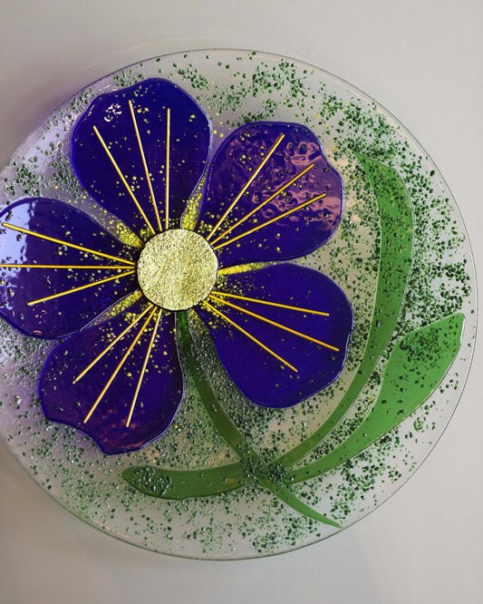 Fused Glass Bowl with Blue Flower