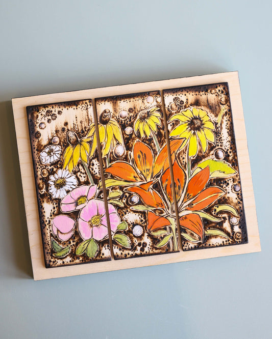 Prairie Lillies, Wild Rose, Daisies Pyrography