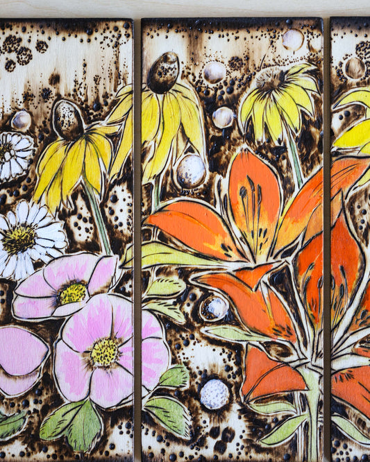 Prairie Lillies, Wild Rose, Daisies Pyrography