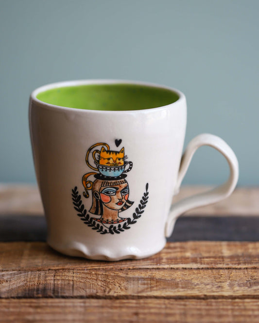 White Mug with Cat Lady