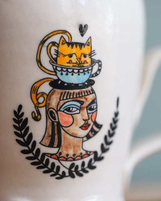 White Mug with Cat Lady