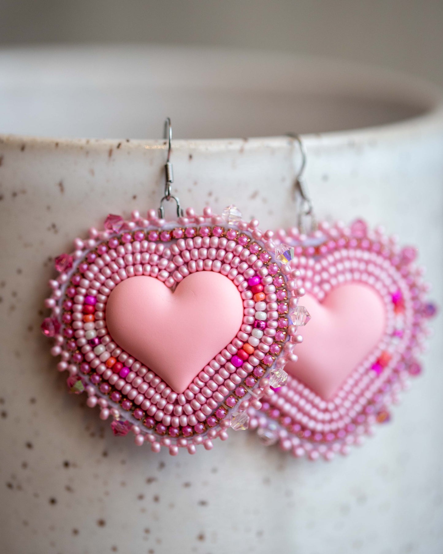 Beaded Pastel Pink Heart Earrings