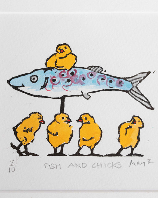 Fish and Chicks Framed Lino Cut