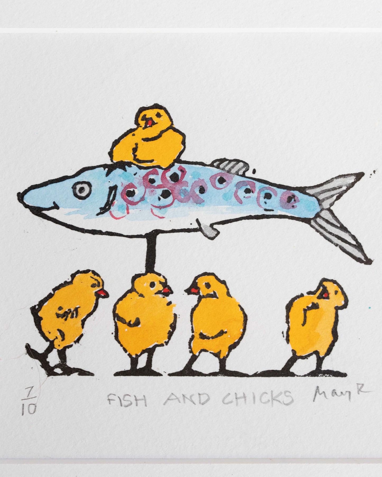 Fish and Chicks Framed Lino Cut