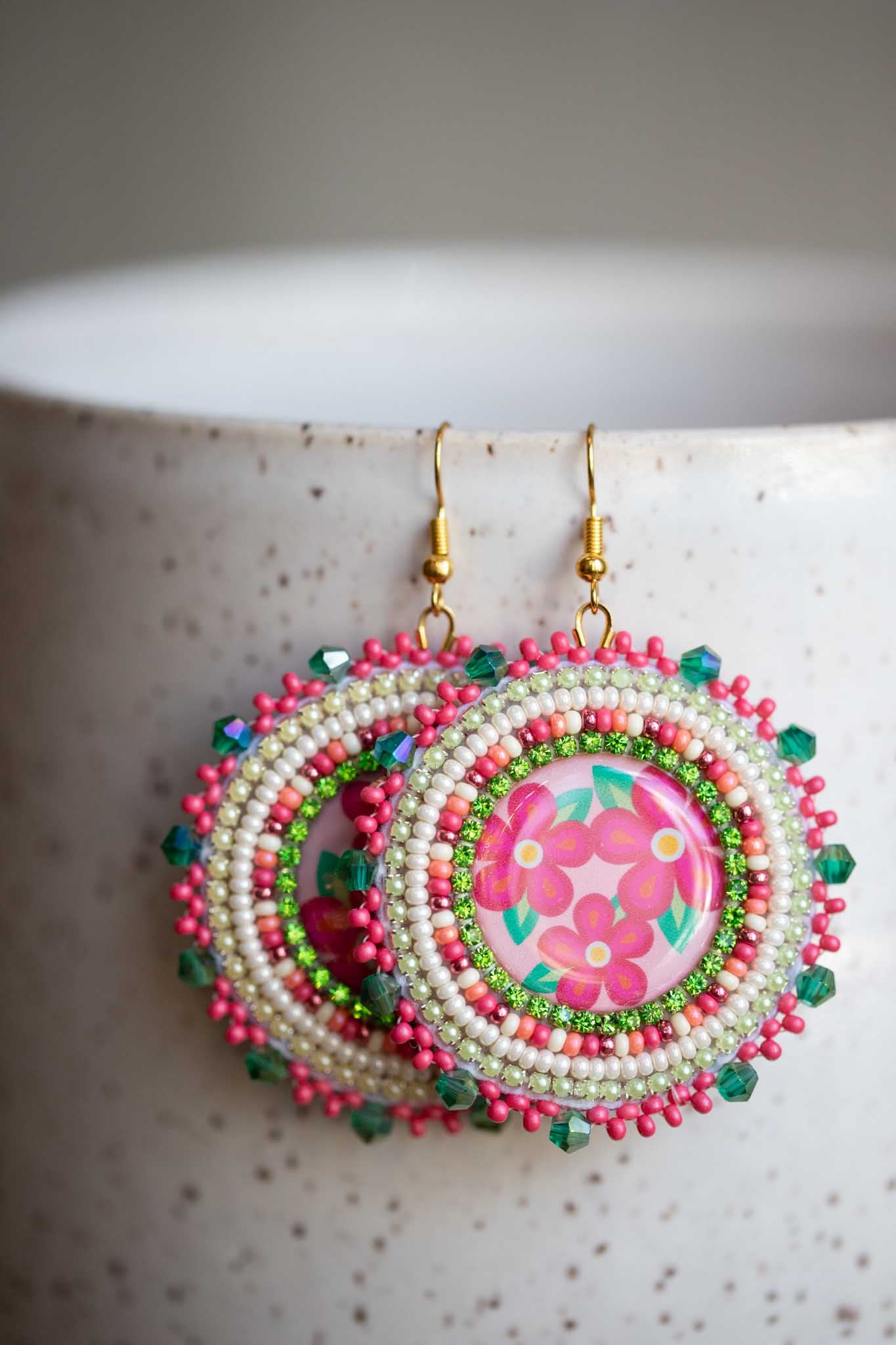 Hot Pink & Green Drop Beaded Earrings