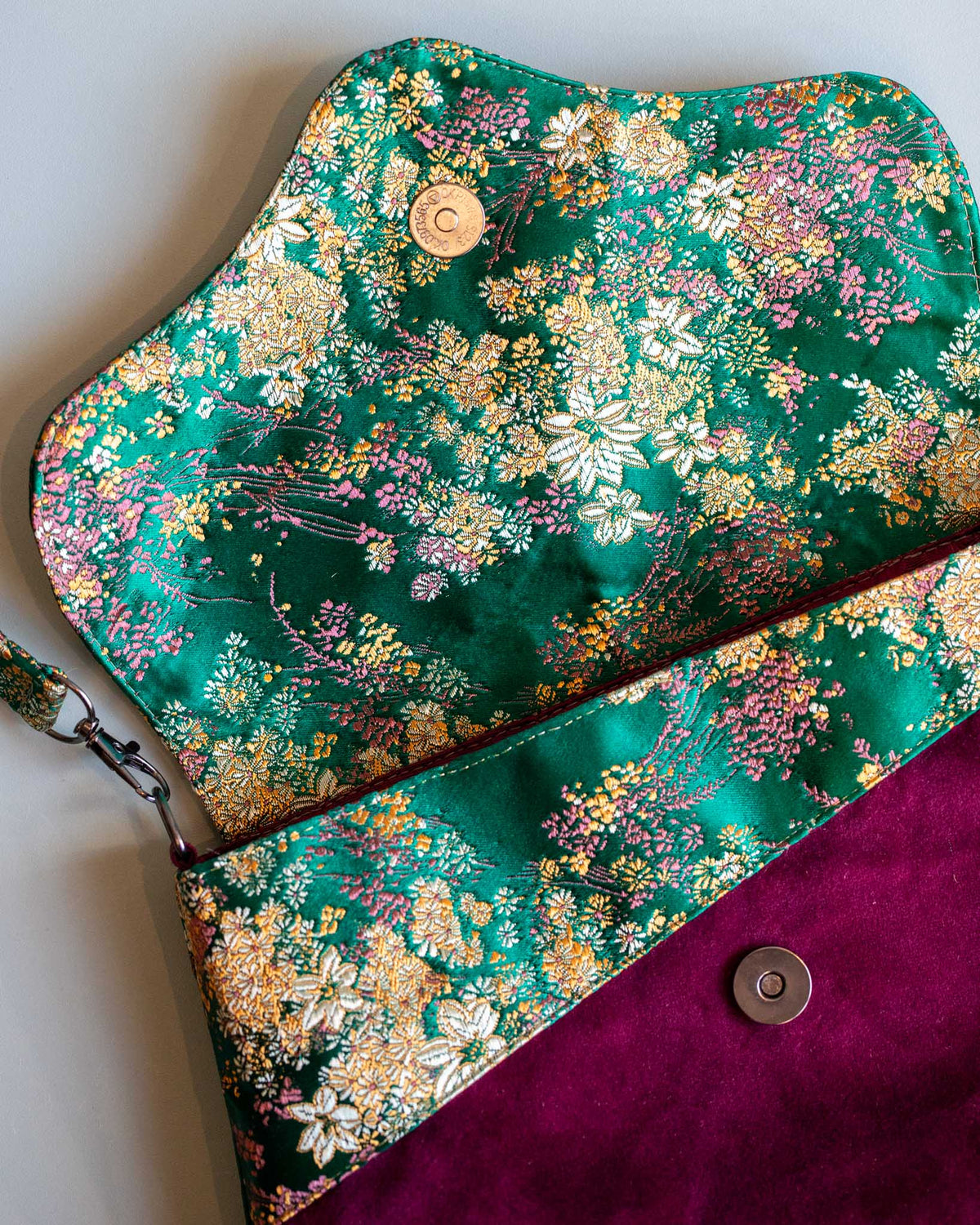 Floral Green Brocade & Burgundy Velour Purse