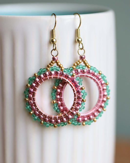 Pink & Green Beaded Circle Earrings