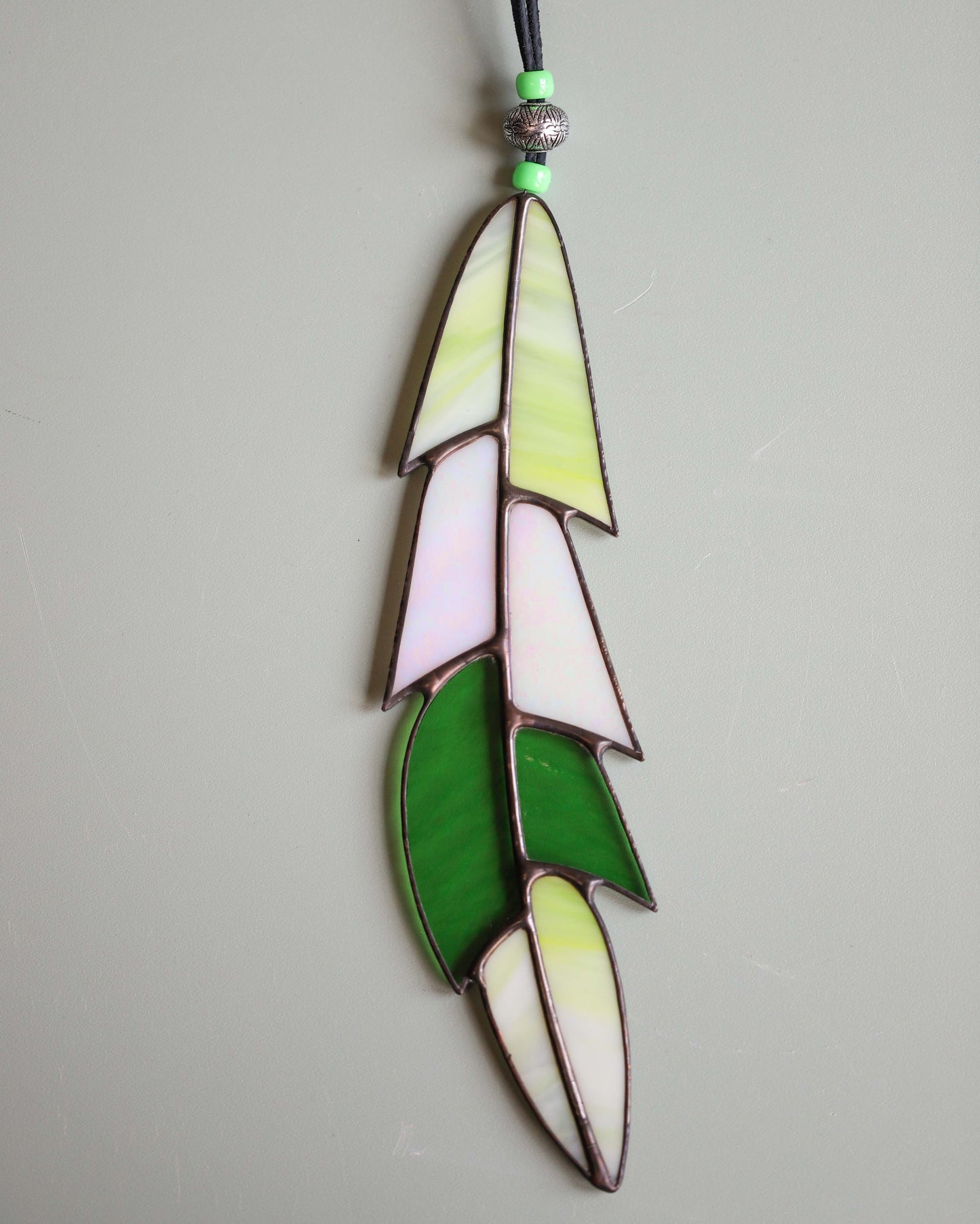 Green & White Stained Glass Feather