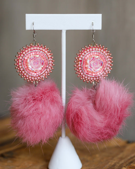 Pink Sparkly Earrings with Pink Puffball