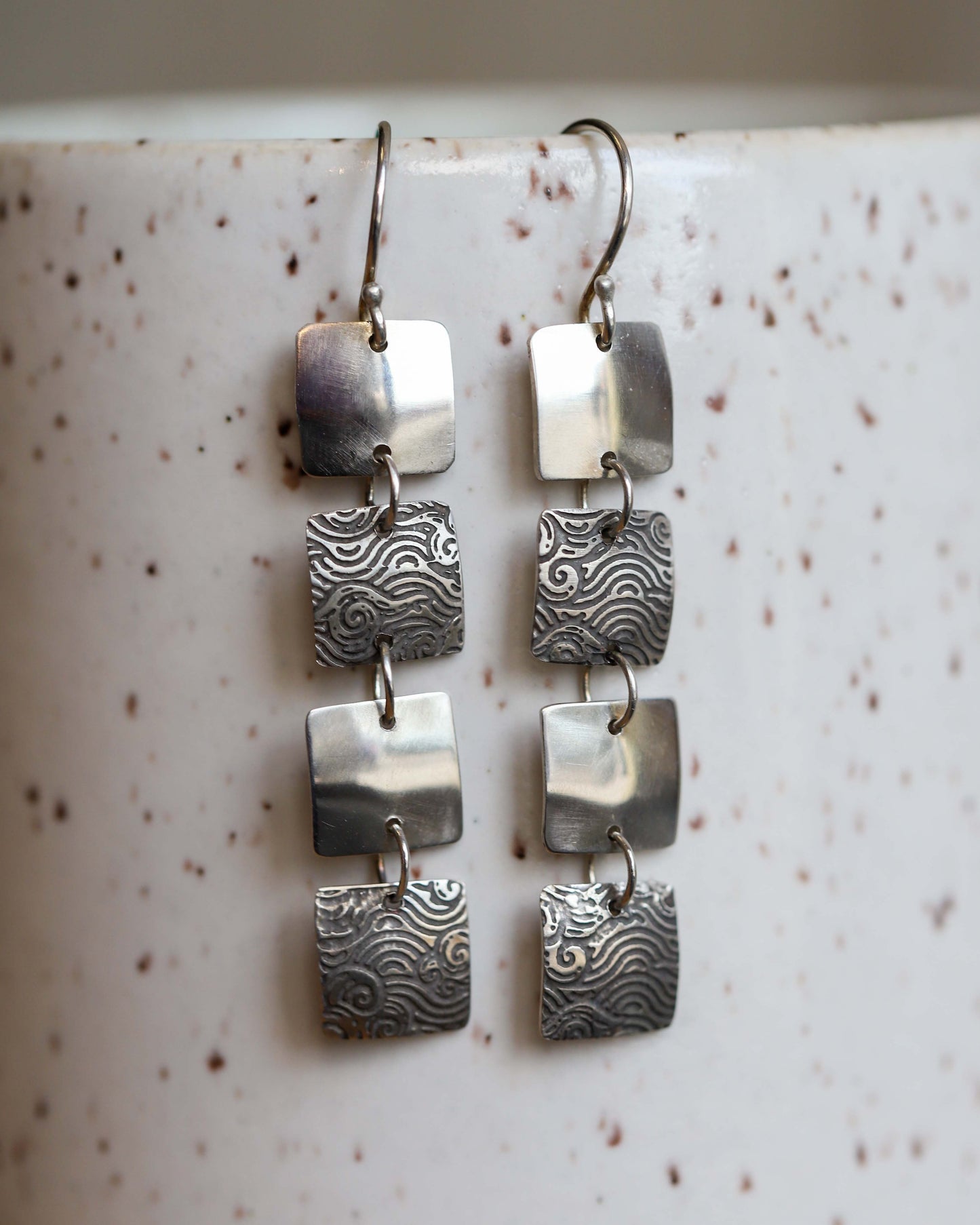 Long Silver Square Earrings