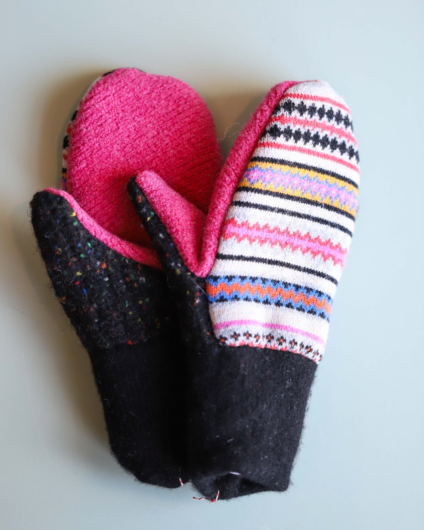 Recycled Pink, Black, & Striped Mittens