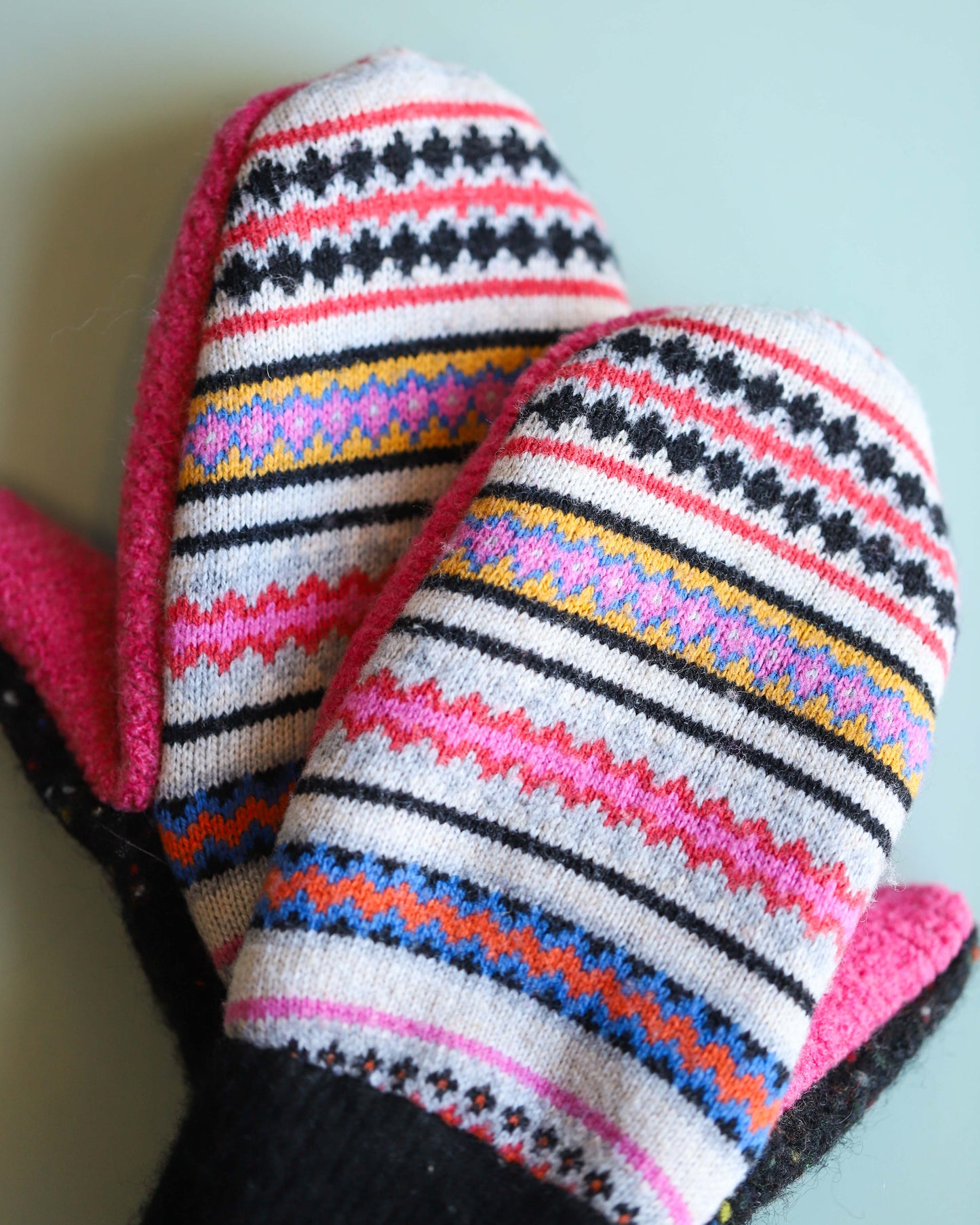 Recycled Pink, Black, & Striped Mittens