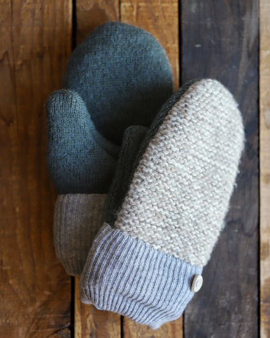 Mittens - SMALL - Tan/Grey/Green with Button