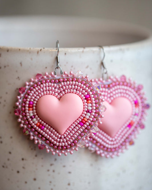 Beaded Pastel Pink Heart Earrings