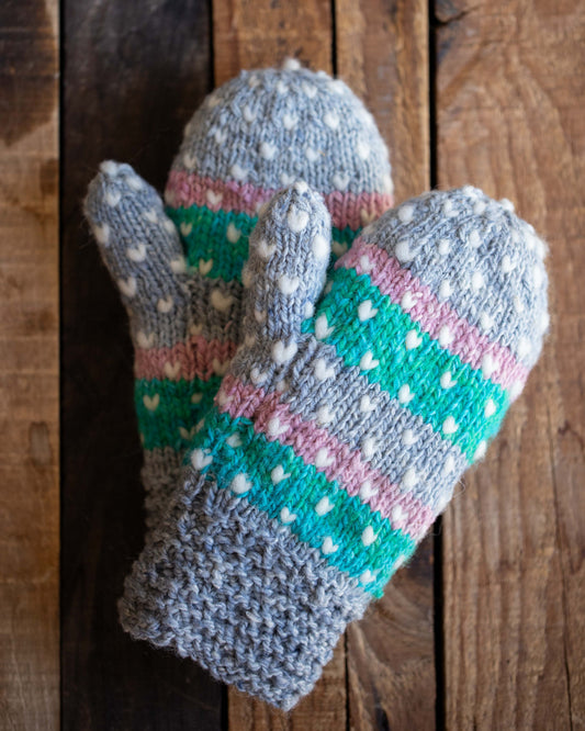Thrummed Mittens - Teal & Pink