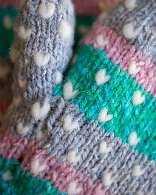 Thrummed Mittens - Teal & Pink