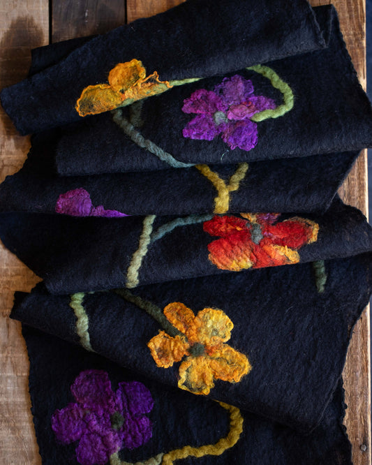 Black Nuno Felted Floral Scarf