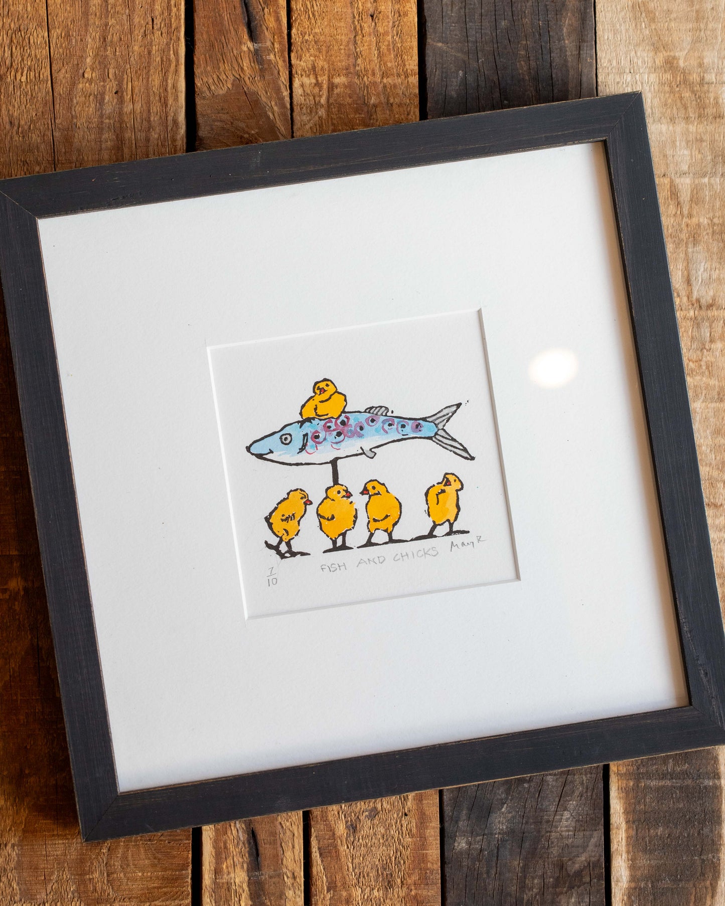 Fish and Chicks Framed Lino Cut