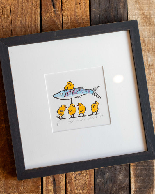 Fish and Chicks Framed Lino Cut