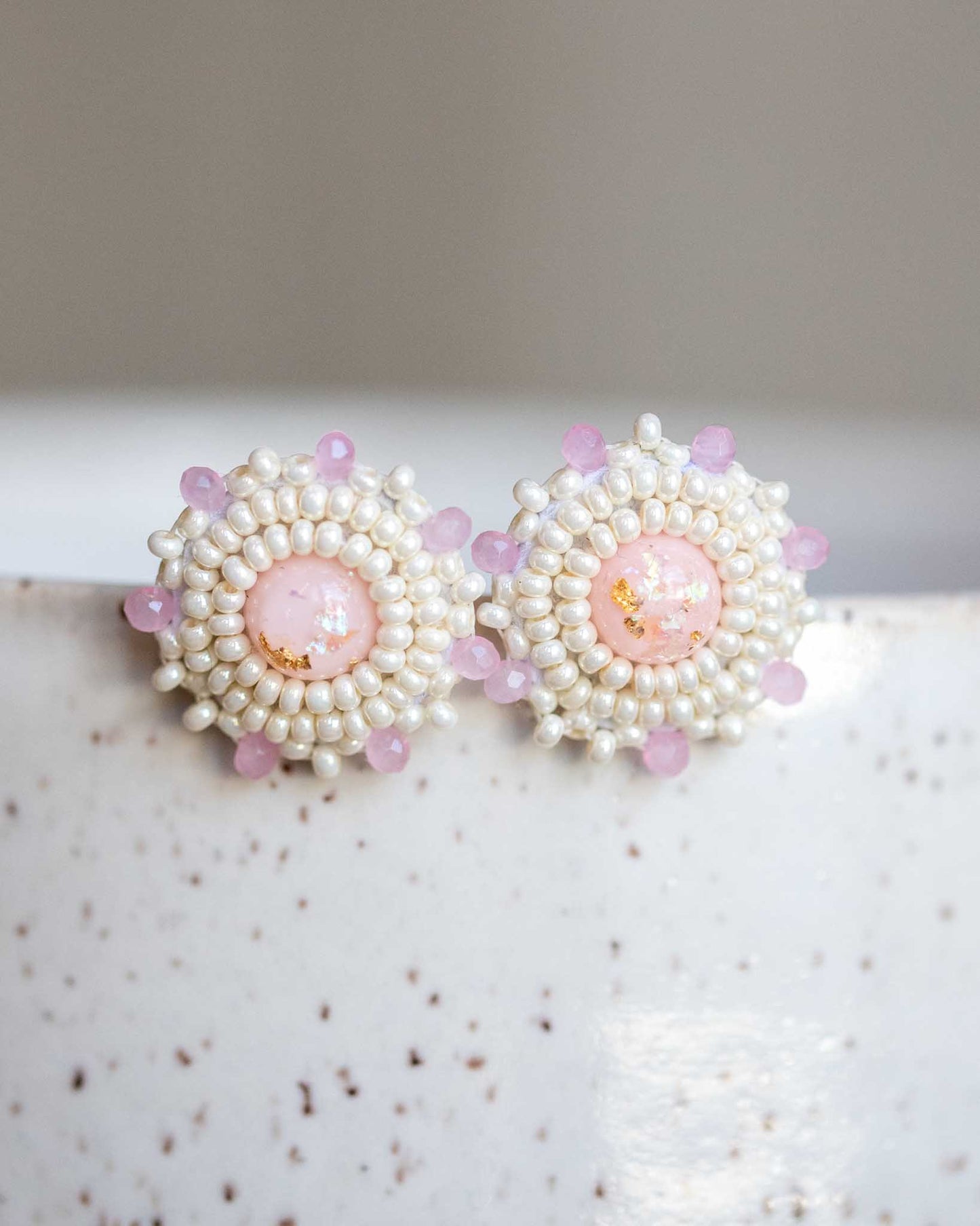 Pink & White Beaded Stud Earrings