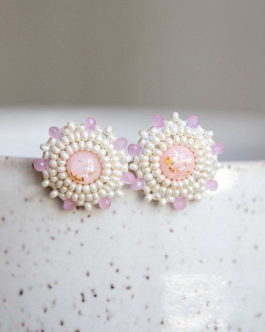 Pink & White Beaded Stud Earrings