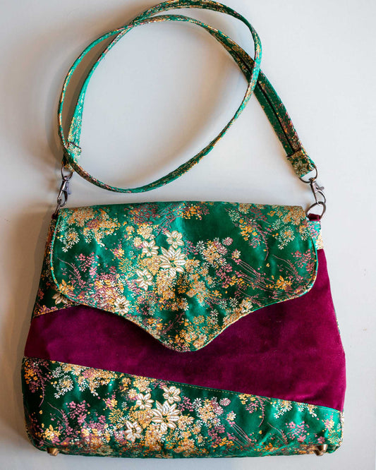 Floral Green Brocade & Burgundy Velour Purse